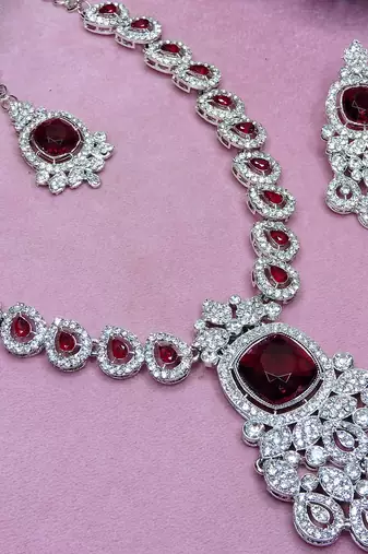Maroon rhodium premium designer american diamond and stone work necklace set