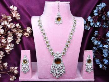 Green rhodium premium designer american diamond and stone work necklace set 1