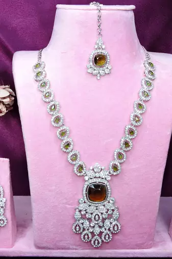 Green rhodium premium designer american diamond and stone work necklace set