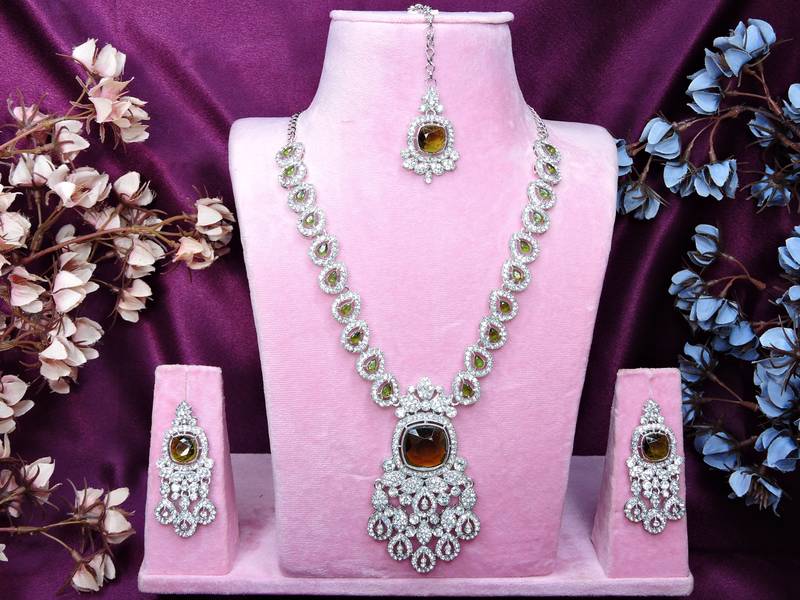 Green rhodium premium designer american diamond and stone work necklace set