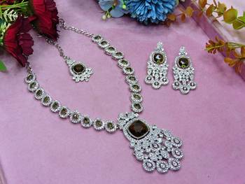 Green rhodium premium designer american diamond and stone work necklace set 2