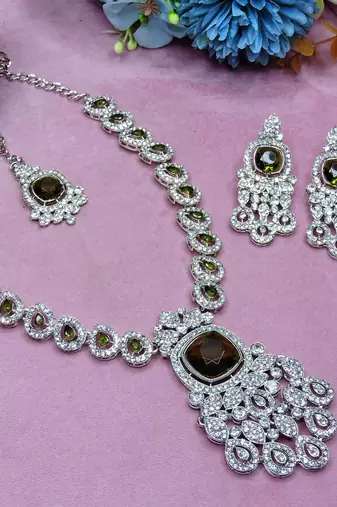 Green rhodium premium designer american diamond and stone work necklace set