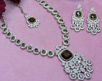 Green rhodium premium designer american diamond and stone work necklace set 3
