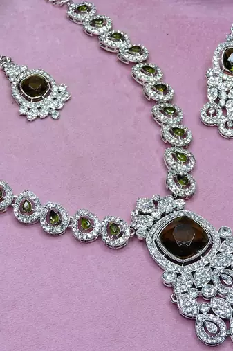 Green rhodium premium designer american diamond and stone work necklace set