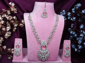 Pink rhodium premium designer american diamond and stone work necklace set 1