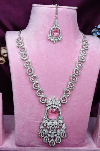 Pink rhodium premium designer american diamond and stone work necklace set