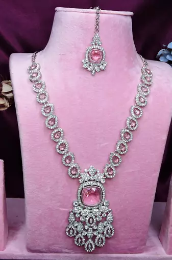 Pink rhodium premium designer american diamond and stone work necklace set
