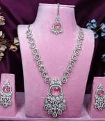 Pink rhodium premium designer american diamond and stone work necklace set
