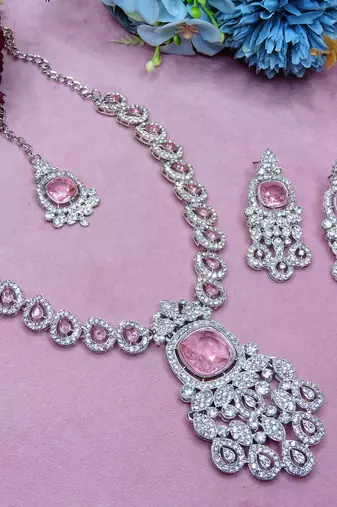 Pink rhodium premium designer american diamond and stone work necklace set
