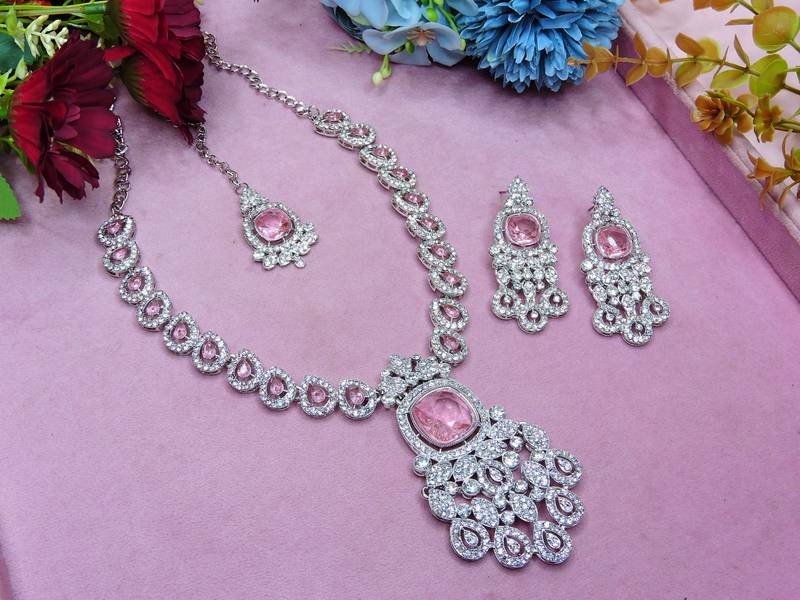 Pink rhodium premium designer american diamond and stone work necklace set