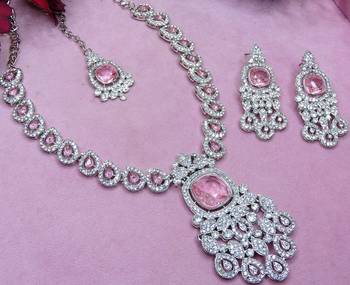 Pink rhodium premium designer american diamond and stone work necklace set 3