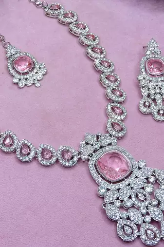 Pink rhodium premium designer american diamond and stone work necklace set