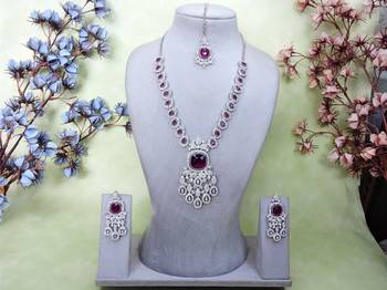 Purple rhodium premium designer american diamond and stone work necklace set 1