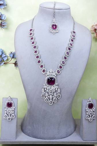 Purple rhodium premium designer american diamond and stone work necklace set