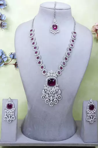 Purple rhodium premium designer american diamond and stone work necklace set