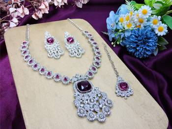 Purple rhodium premium designer american diamond and stone work necklace set 2