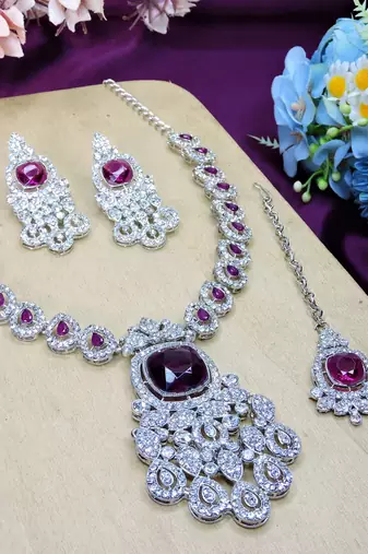 Purple rhodium premium designer american diamond and stone work necklace set