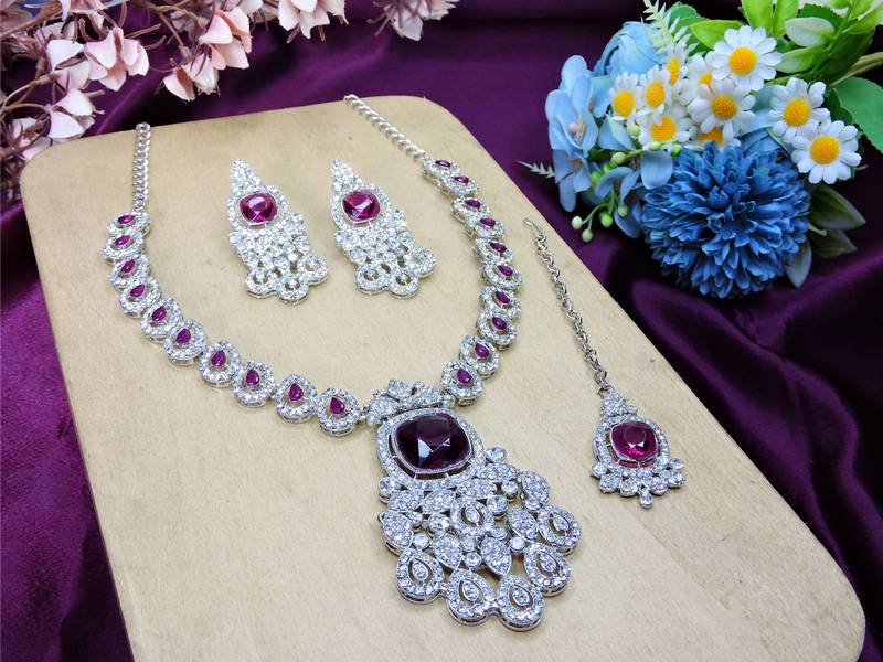 Purple rhodium premium designer american diamond and stone work necklace set