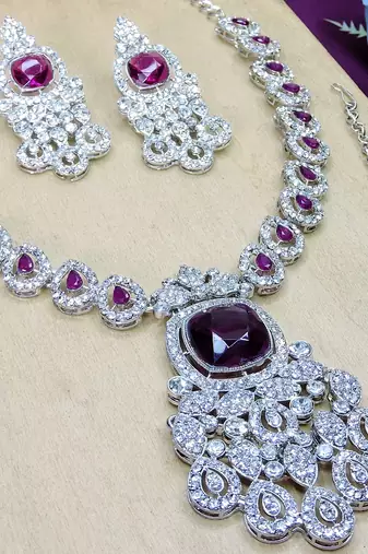 Purple rhodium premium designer american diamond and stone work necklace set