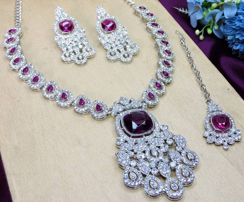 Purple rhodium premium designer american diamond and stone work necklace set