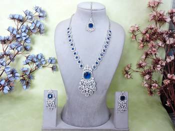 Blue rhodium premium designer american diamond and stone work necklace set 1