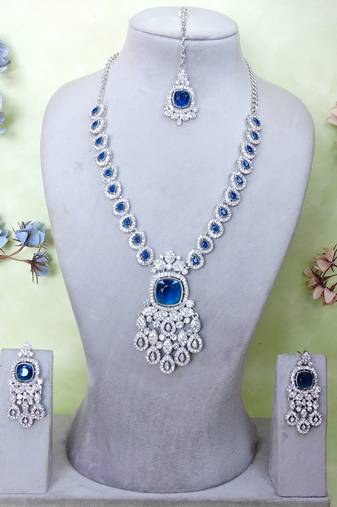 Blue rhodium premium designer american diamond and stone work necklace set