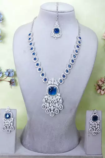 Blue rhodium premium designer american diamond and stone work necklace set