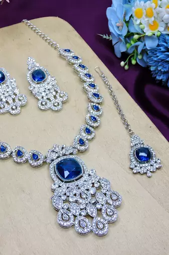 Blue rhodium premium designer american diamond and stone work necklace set