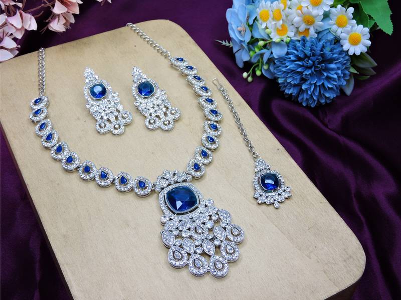 Blue rhodium premium designer american diamond and stone work necklace set