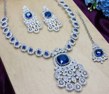 Blue rhodium premium designer american diamond and stone work necklace set 3