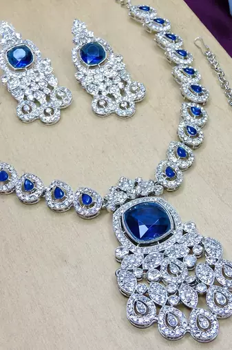 Blue rhodium premium designer american diamond and stone work necklace set