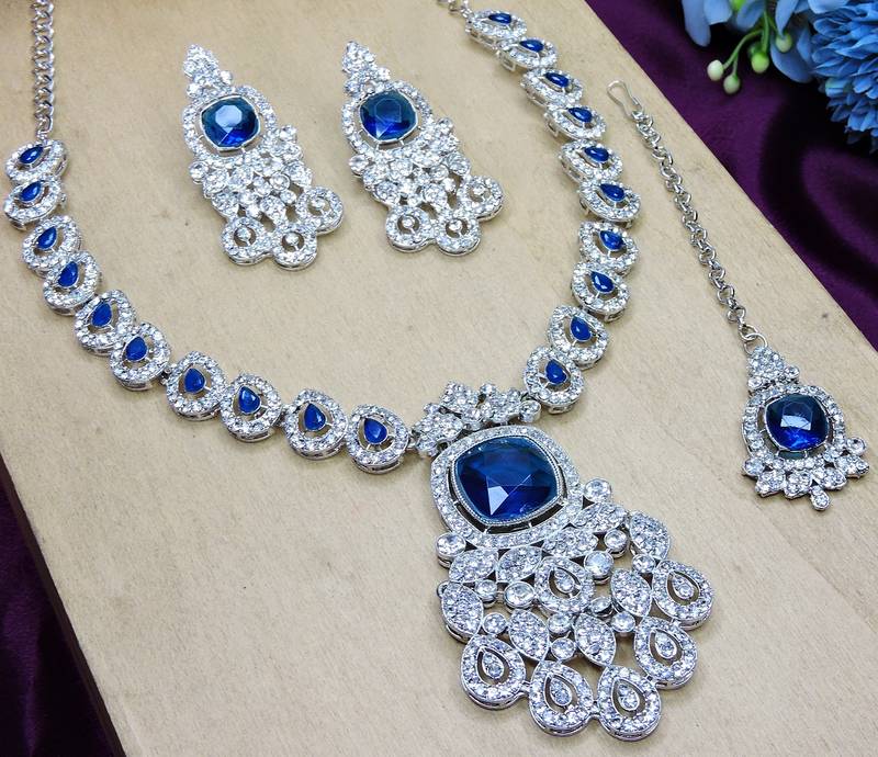 Blue rhodium premium designer american diamond and stone work necklace set