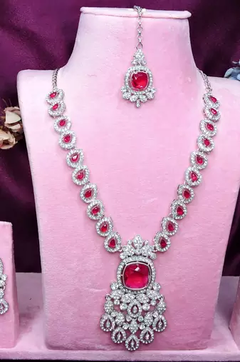 Pink rhodium premium designer american diamond and stone work necklace set