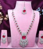 Pink rhodium premium designer american diamond and stone work necklace set