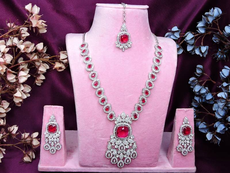 Pink rhodium premium designer american diamond and stone work necklace set