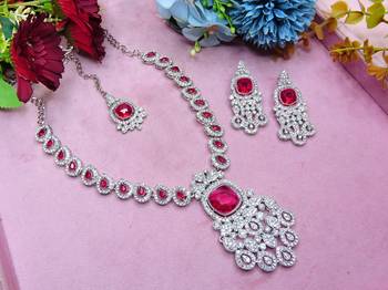 Pink rhodium premium designer american diamond and stone work necklace set 2