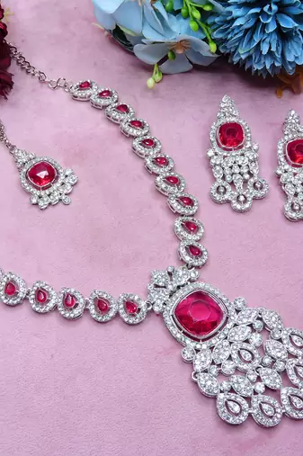 Pink rhodium premium designer american diamond and stone work necklace set