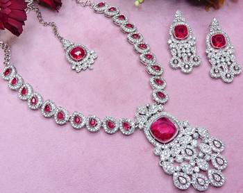 Pink rhodium premium designer american diamond and stone work necklace set 3