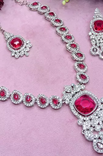 Pink rhodium premium designer american diamond and stone work necklace set