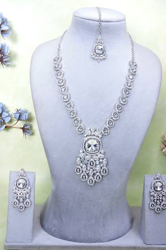 White rhodium premium designer american diamond and stone work necklace set