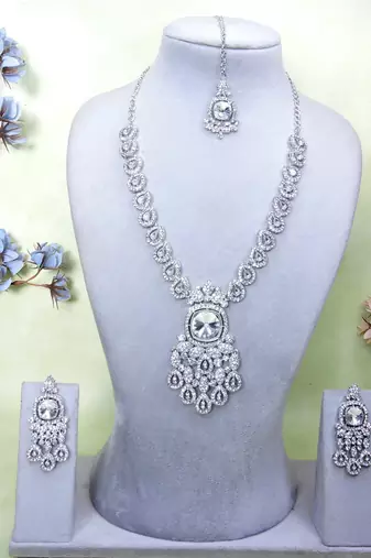 White rhodium premium designer american diamond and stone work necklace set