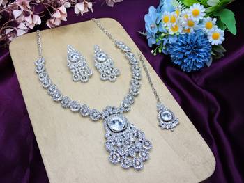 White rhodium premium designer american diamond and stone work necklace set 2