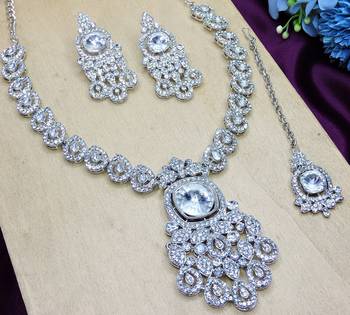 White rhodium premium designer american diamond and stone work necklace set 3