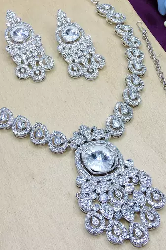 White rhodium premium designer american diamond and stone work necklace set