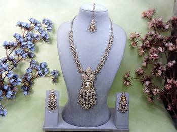 Gold yellow gold premium designer american diamond and stone work necklace set 1