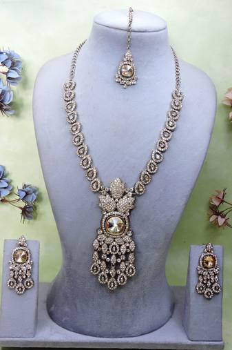 Gold yellow gold premium designer american diamond and stone work necklace set