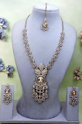 Gold yellow gold premium designer american diamond and stone work necklace set