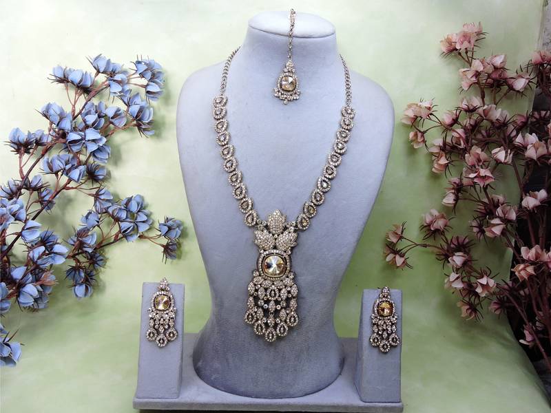 Gold yellow gold premium designer american diamond and stone work necklace set