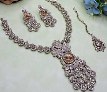 Gold yellow gold premium designer american diamond and stone work necklace set 3