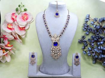 Blue yellow gold premium designer american diamond and stone work necklace set 1